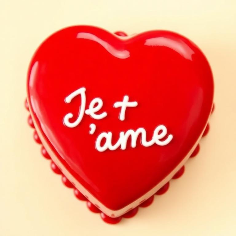 Gâteau en forme de cœur rouge brillant avec inscription Je t'aime