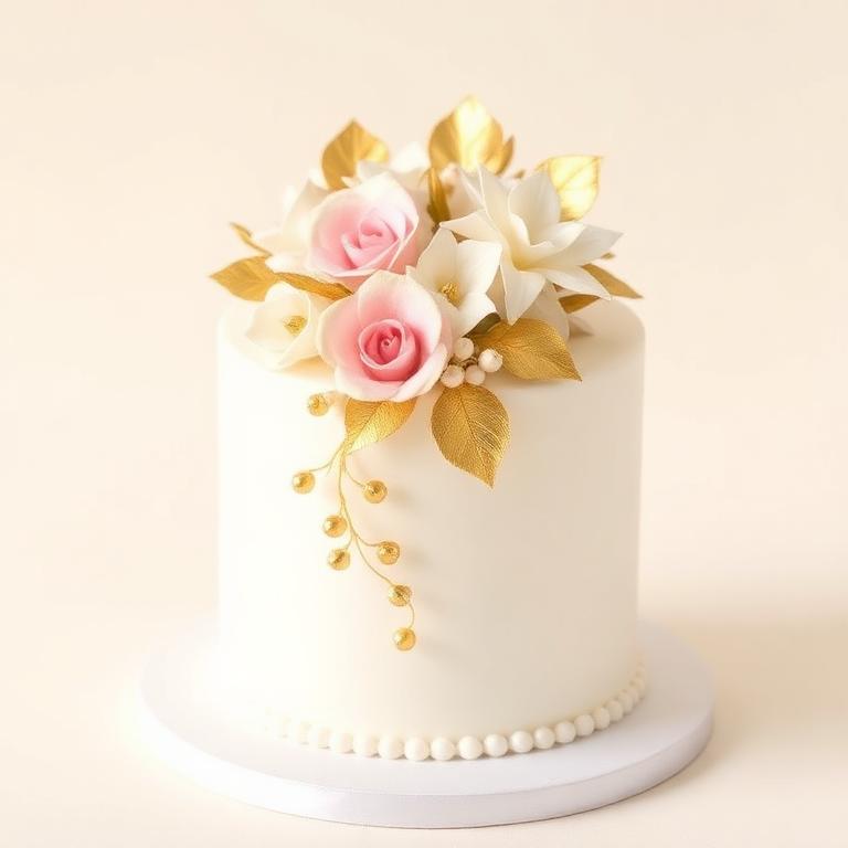 Gâteau de mariage blanc décoré de roses pâles et de feuilles dorées